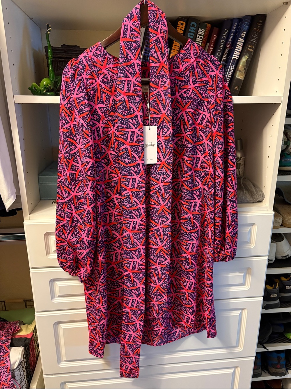Lily Pulitzer Vibrant Pink & Navy Printed Tie-Neck midi Dress